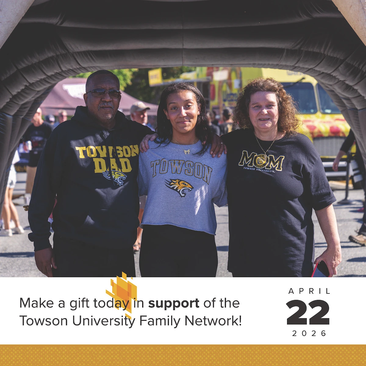 A family poses together wearing Towson University apparel, promoting support for the Towson University Family Network with a date of April 22, 2026.