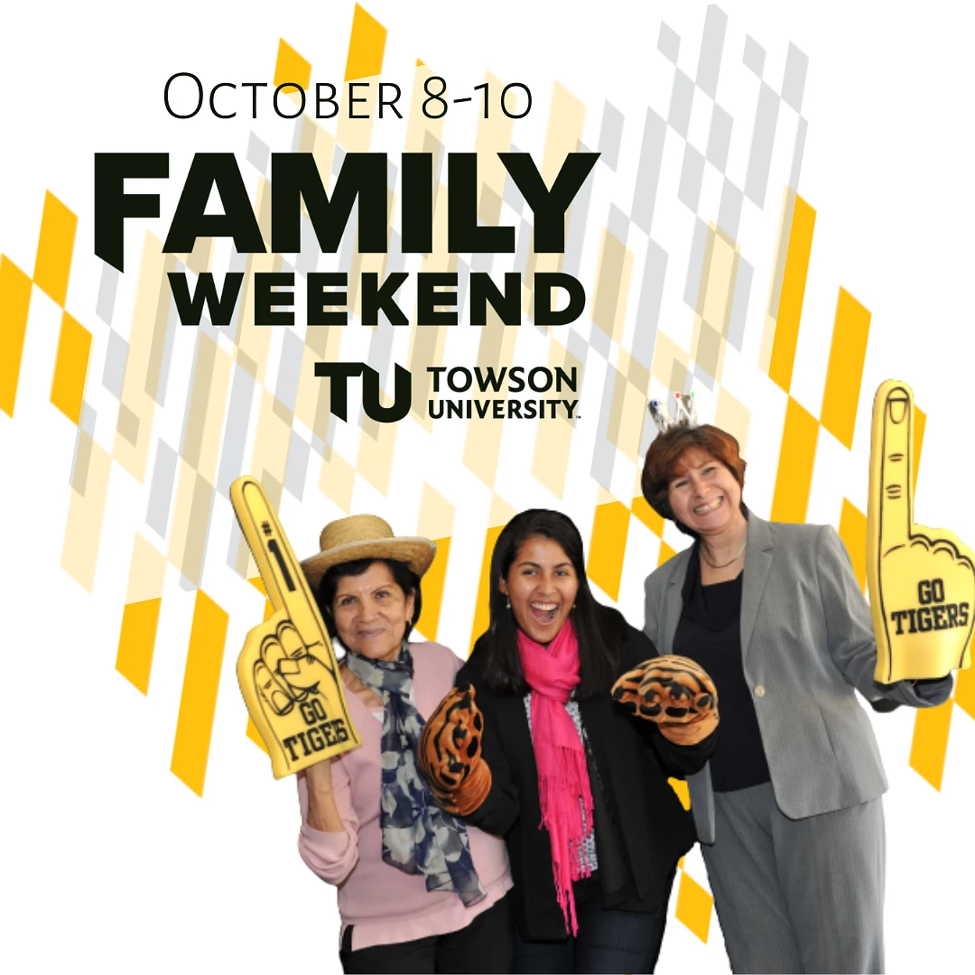 three women with foam spirit fingers and text reading october 8 to ten family weekend TU