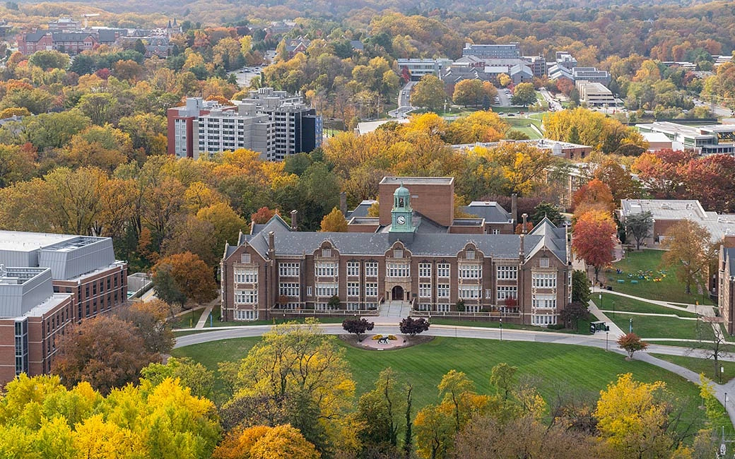 Aerial view of Stephens Hall in the fall