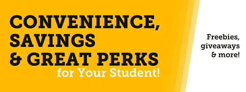 The image promotes student benefits with text emphasizing convenience, savings, and perks, along with freebies and giveaways.